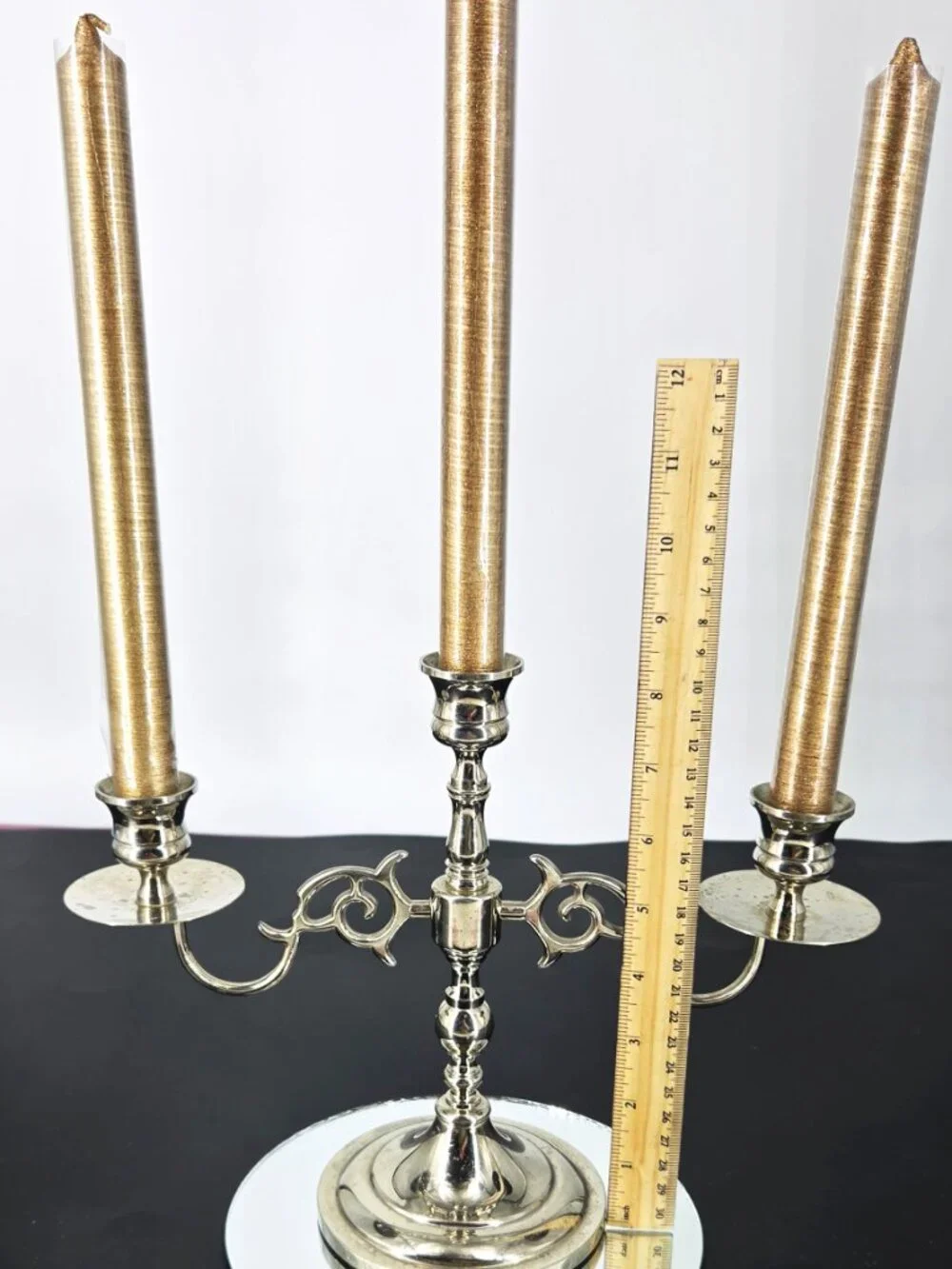 Vintage Silver Metal Ornate Scrollwork 3 Arm Candelabra Taper Candles Weighted